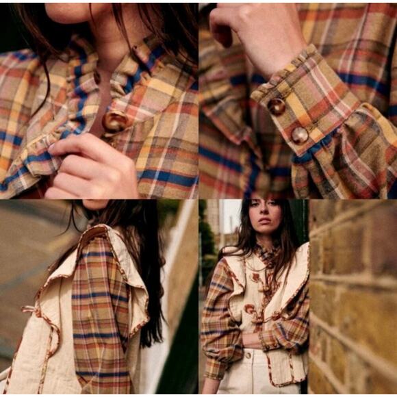 Sezane Coline Shirt Folk Check Print Size French 34 US 2 Western Ruffle Plaid - Picture 2 of 11